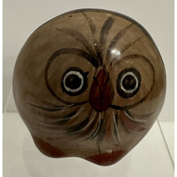 Vintage Mexico Tonala Pottery Owl Hand Painted 3” Brown Orange - Picture 9 of 9